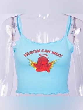 Heaven Can Wait Aqua Graphic Crop Tank Top
